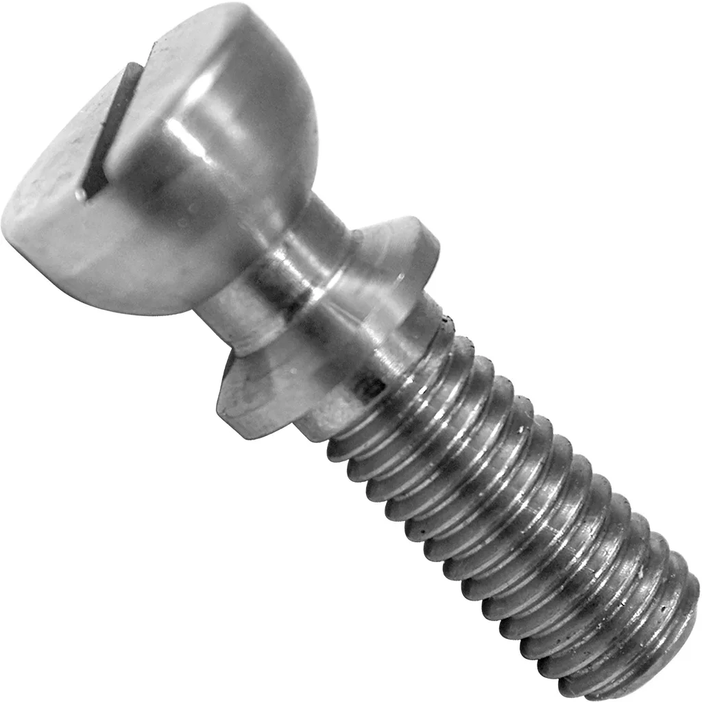 Close-up of a shiny Bezzera 5225608 Hot Water Knob Articulation Screw M8 with flat head and threaded body, positioned diagonally on a white background—ideal for Bezzera espresso machine repairs. © 2025 1st-line.com