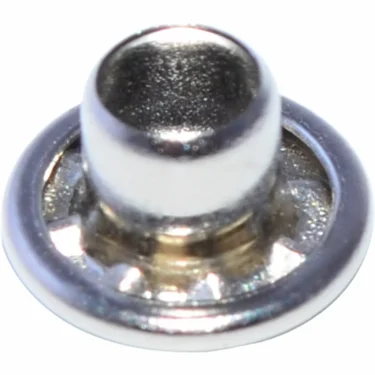 Close-up of a shiny metal T1 snap fastener with a raised cylindrical center and round flat base, part of the Elektra 01477035 Fitting for Upper Bracket Body for T1. © 2025 1st-line.com