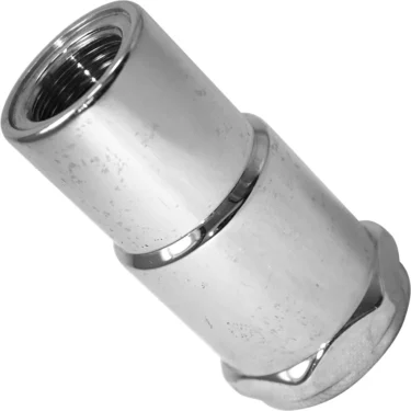 Close-up of a shiny, silver-colored VBM RACCCAIN Grouphead Lower Cap with a hexagonal base and threaded interior, positioned at an angle on a white background. © 2025 1st-line.com