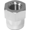 Close-up of a shiny, silver VBM ASSTASCAUTDMA E61 Grouphead Discharge Cap standing upright on a white background, showing its hexagonal shape and internal threading. © 2025 1st-line.com