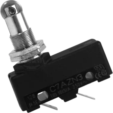 Close-up of an Elektra 01903035 Grouphead Lever Microswitch, featuring a metal roller lever actuator on top and two metal prongs for electrical connections. Part number C7AZN3 is visible on the switch body. © 2025 1st-line.com