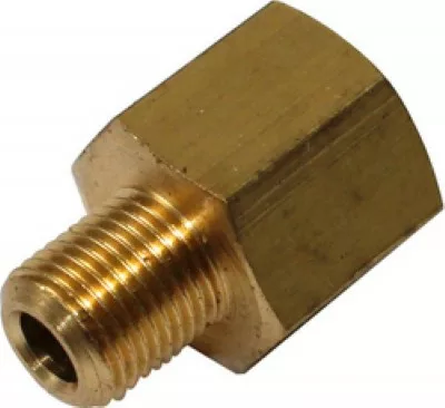 Close-up of discontinued Ascaso 1/4 F x 1/8 M Fitting with a brass hexagonal body, perfect for connecting pipes or hoses in plumbing or mechanical systems. © 2025 1st-line.com