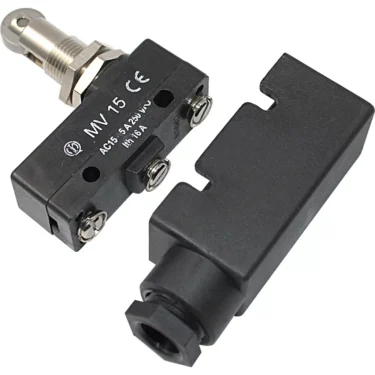 Close-up of the Ala di Vittoria 5003310 E61 Lever Microswitch with a metal actuator, detachable black plastic cover, visible screws, and product markings including MV15 and electrical ratings. © 2025 1st-line.com