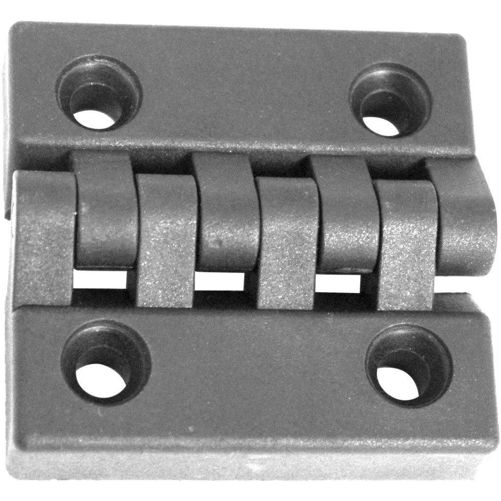 Close-up of the Ambiente Espresso Hinge for Casing - Vesuvius, featuring four screw holes and interlocking barrel sections in a durable casing to join two surfaces and allow smooth pivoting. © 2025 1st-line.com