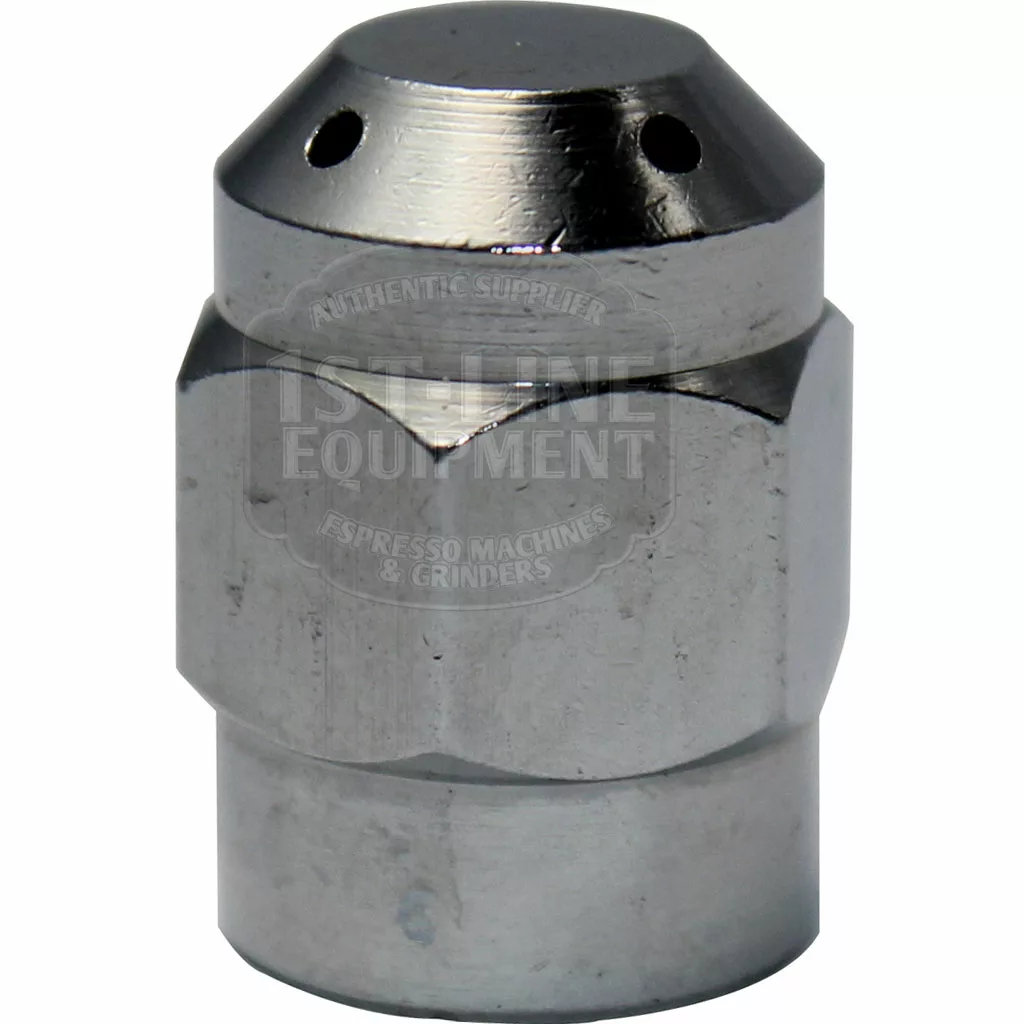 Close-up of the Ascaso CON328 Conti Steam Tip, 10mm thread, 20mm length—metal nozzle with hexagonal base and small holes, designed for espresso machines and grinders. Easy to install on compatible models. © 2025 1st-line.com