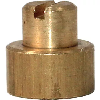 Close-up of the Bezzera 5224603AL Gasket Holder - D 12x12 OT, a brass cylindrical component with a flat base and slotted top, commonly used in carburetors. © 2025 1st-line.com