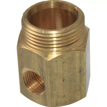 Close-up of the Bezzera 5225228.01AL Water Tank Fitting, M 20x1.25 H28.5 OT brass hexagonal pipe with threaded side and top openings for plumbing or gas line connections. © 2025 1st-line.com