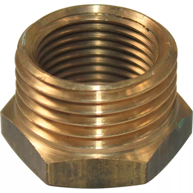 Close-up of the Bezzera 5225413 Reduction Gear, featuring 1/2G x 3/8G internal and external threading—ideal for connecting pipes of different sizes in plumbing or industrial setups. © 2025 1st-line.com