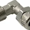 Close-up of the Gaggia Elbow 1/8M x 1/8 Compression for Tubing, a metal right-angle pipe fitting with threaded and knurled ends, designed for connecting 1/8 compression tubing in plumbing or pneumatic systems. © 2025 1st-line.com
