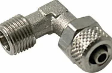Close-up of the Gaggia Elbow 1/8M x 1/8 Compression for Tubing, a metal right-angle pipe fitting with threaded and knurled ends, designed for connecting 1/8 compression tubing in plumbing or pneumatic systems. © 2025 1st-line.com