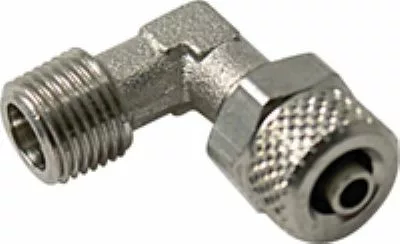 Close-up of the Gaggia Elbow 1/8M x 1/8 Compression for Tubing, a metal right-angle pipe fitting with threaded and knurled ends, designed for connecting 1/8 compression tubing in plumbing or pneumatic systems. © 2025 1st-line.com