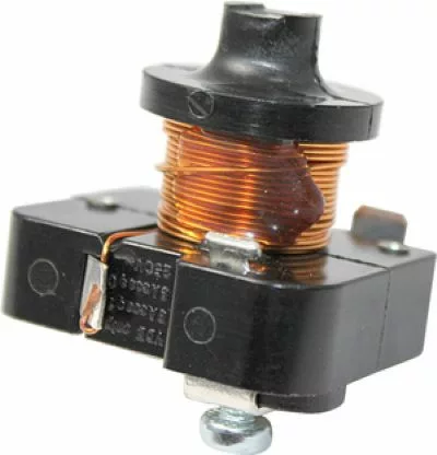Close-up of the Rancilio 34020111 110 Volt Circuit Breaker for Rancilio Rocky/MD40, showing copper wire coils, a black plastic base with metal terminals, and a screw at the bottom—ideal as a relay or circuit breaker component. © 2025 1st-line.com