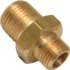 DISCONTINUED Bezzera 5302006TP Straight Fitting 1/8: A brass hex-center fitting with male threads of different diameters, including 1/8, for connecting pipes or tubing. © 2025 1st-line.com