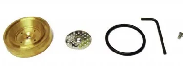 Five mechanical parts displayed in a row—a large brass wheel, small perforated disc, black O-ring, L-shaped hex key, and metal screw—make up the Ascaso KIT16 Ground to Pod Kit for ascaso machines with professional boiler. © 2025 1st-line.com
