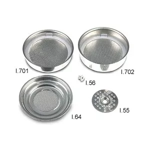 Four Ascaso KIT10 - Supercrema metal espresso filter baskets and parts (I.701, I.702, I.64, I.55, I.56) are arranged on a white background—ideal for achieving excellent Supercrema results. © 2025 1st-line.com