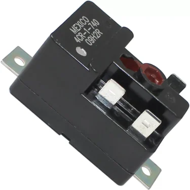 Mazzer S000DIS17 Relay - Robur: features metal mounting tabs, two silver terminals, red circular top (labeled MEXICO 40P-1-140 09H2R); commonly used in Mazzer equipment. © 2025 1st-line.com