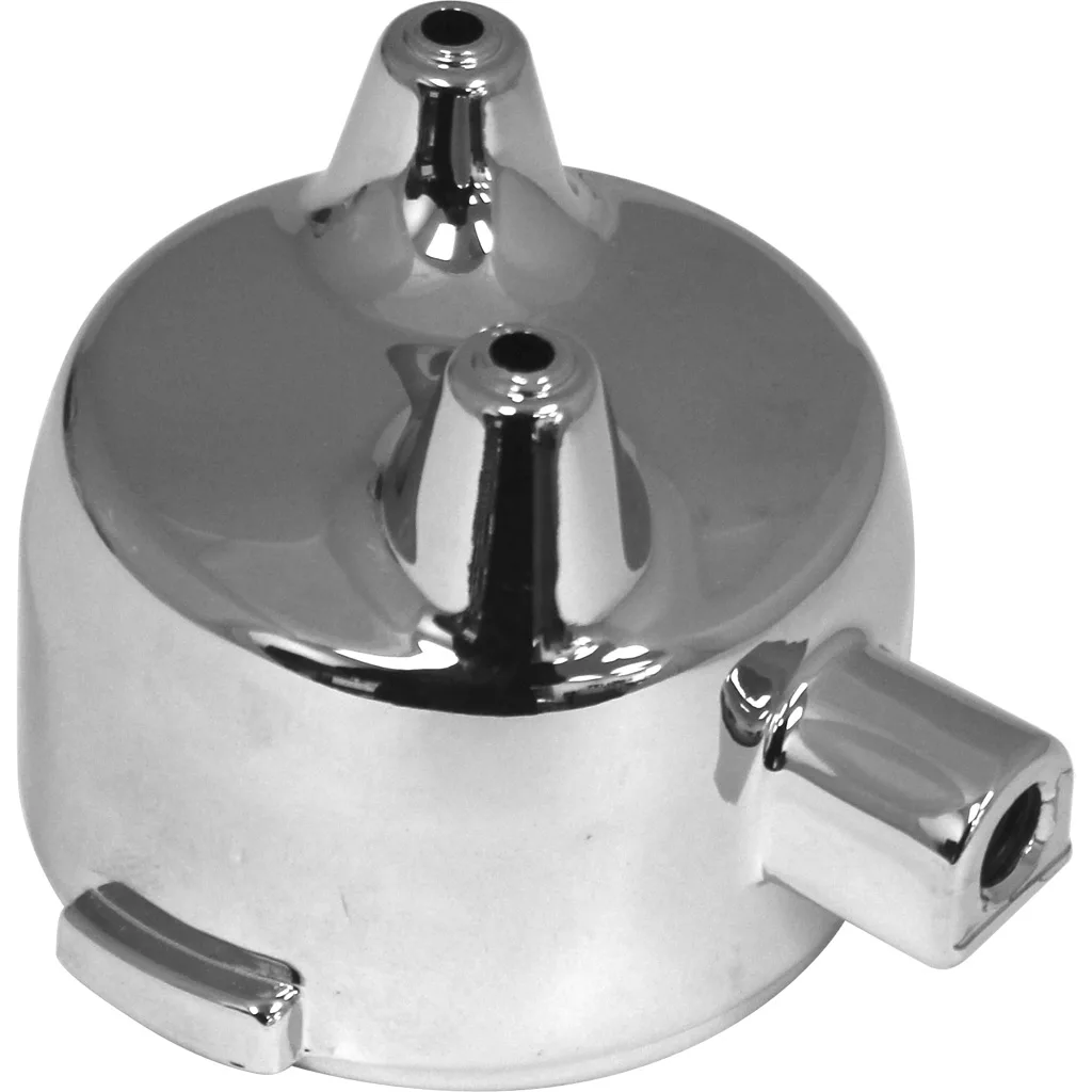 Shiny, metallic, round object with two cone-shaped nozzles on top and a cylindrical side connector, resembling the DISCONTINUED Elektra 00187021 Chrome Portafilter Head. © 2025 1st-line.com