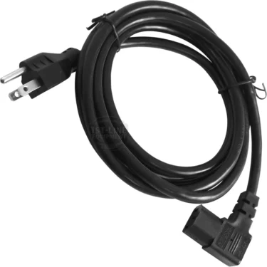 The ACS VES0135 110V Power Cord is a coiled black cable with a three-prong plug and a right-angle IEC connector, secured with twist ties. © 2025 1st-line.com