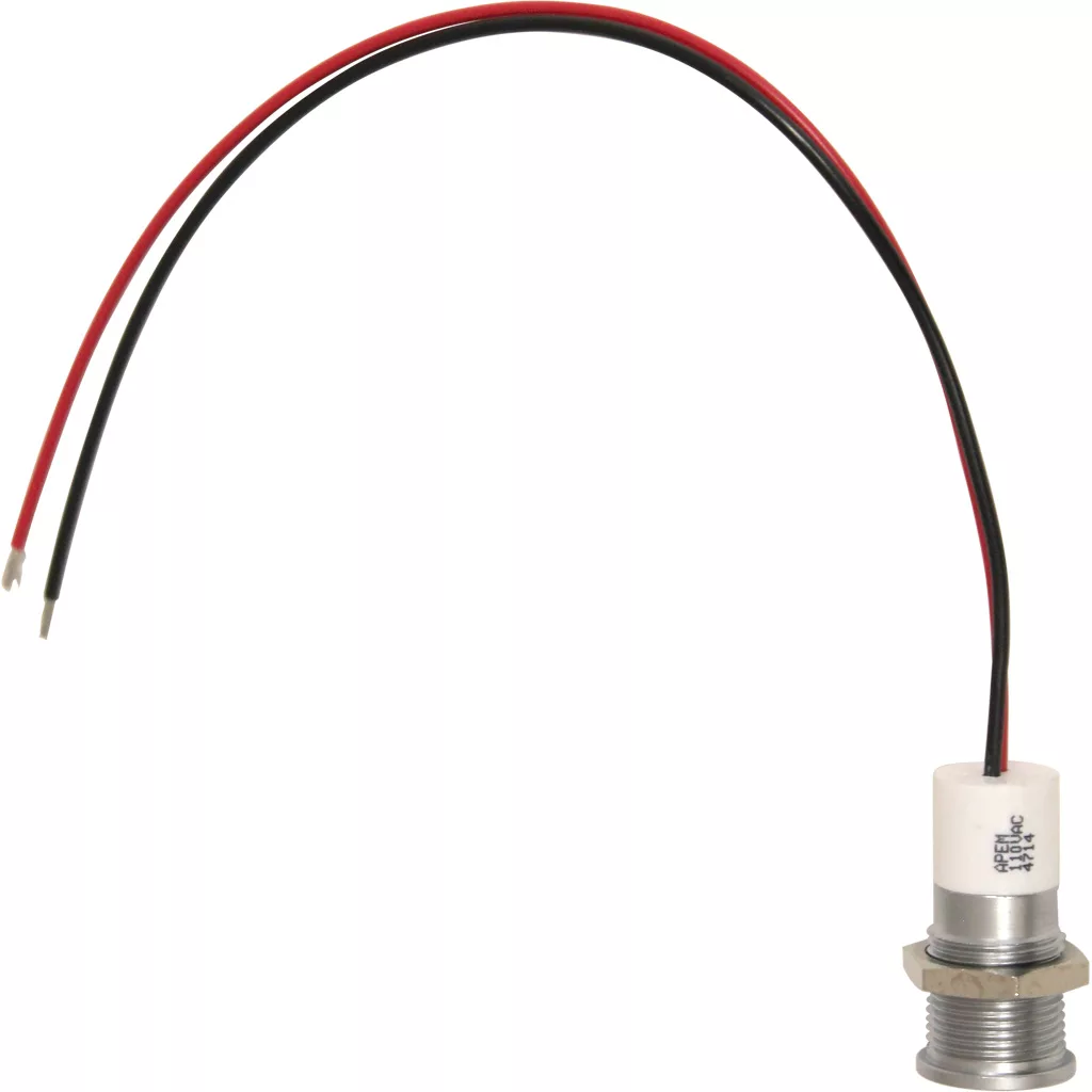 The Ambiente Espresso Lights 110V - Vesuvius is a metal cylindrical component with a threaded base and red and black wires, designed for 110V circuits and commonly used in Vesuvius espresso lights. © 2025 1st-line.com