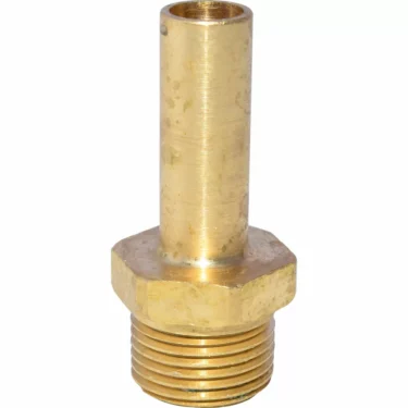 The Ascaso 3/8 Adapter for Ascaso Water Softener features a long brass tube with a hexagonal, externally threaded base—ideal for connecting pipes in plumbing or industrial setups. © 2025 1st-line.com