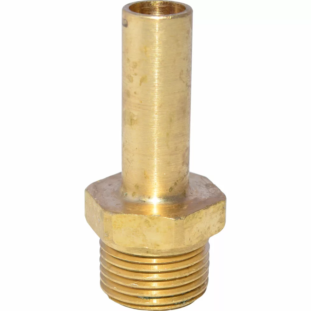 The Ascaso 3/8 Adapter for Ascaso Water Softener features a long brass tube with a hexagonal, externally threaded base—ideal for connecting pipes in plumbing or industrial setups. © 2025 1st-line.com