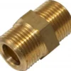 The Ascaso 3/8 M x 3/8 M Coupling Fitting features threaded brass ends and a hex center, perfect for connecting pipes or hoses on Ascaso machines. © 2025 1st-line.com