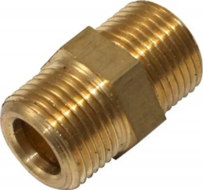 The Ascaso 3/8 M x 3/8 M Coupling Fitting features threaded brass ends and a hex center, perfect for connecting pipes or hoses on Ascaso machines. © 2025 1st-line.com