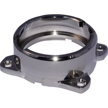 The Ascaso Brass Grouphead for Heat Exchange is a shiny, metallic flange with three mounting holes and a polished silver finish, perfect for mechanical or industrial use in heat exchange systems. © 2025 1st-line.com