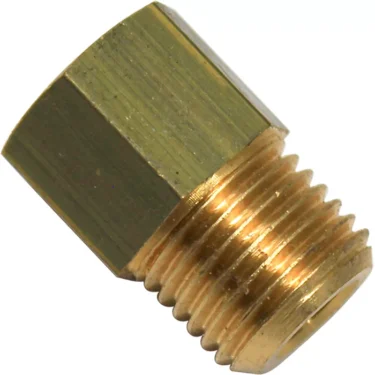 The Ascaso Fitting V..333 is a brass hexagonal adapter with a 1/8 female x 1/4 male thread, shown against a white background. © 2025 1st-line.com