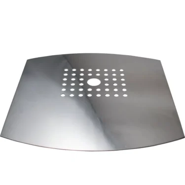 The Ascaso I..121 Drip Tray Grid - Arc is a metallic, rectangular grid with a reflective finish and a central circular pattern of holes, including a larger center hole, designed specifically for use with the Ascaso Arc. © 2025 1st-line.com