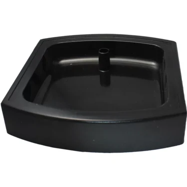 The Ascaso I..122 Drain Tray is a black, square-shaped plastic basin with rounded corners and a central drain hole, commonly used in salons for washing hair. © 2025 1st-line.com