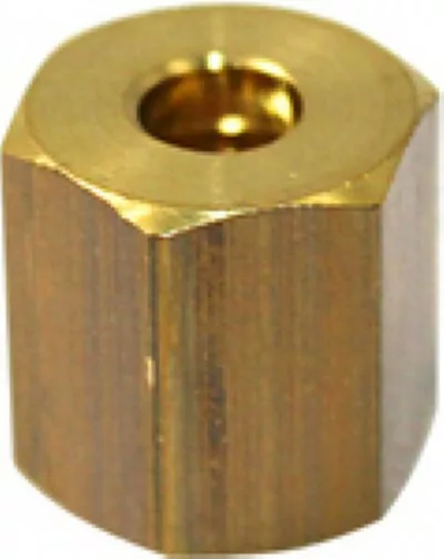 The Ascaso I.1263 Bicone Nut 4 is a gold-colored, hexagonal spacer with a central threaded hole, commonly used in mechanical and Ascaso electronic assemblies. © 2025 1st-line.com