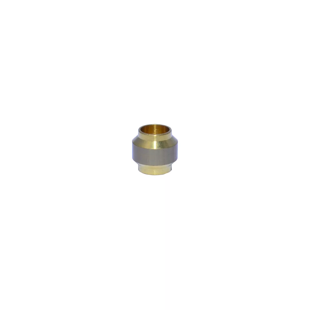 The Ascaso I.1264 4mm Bicone is a small, metallic brass and silver-colored fitting with a hexagonal middle section, shown on a plain white background—compatible with Ascaso machines. © 2025 1st-line.com