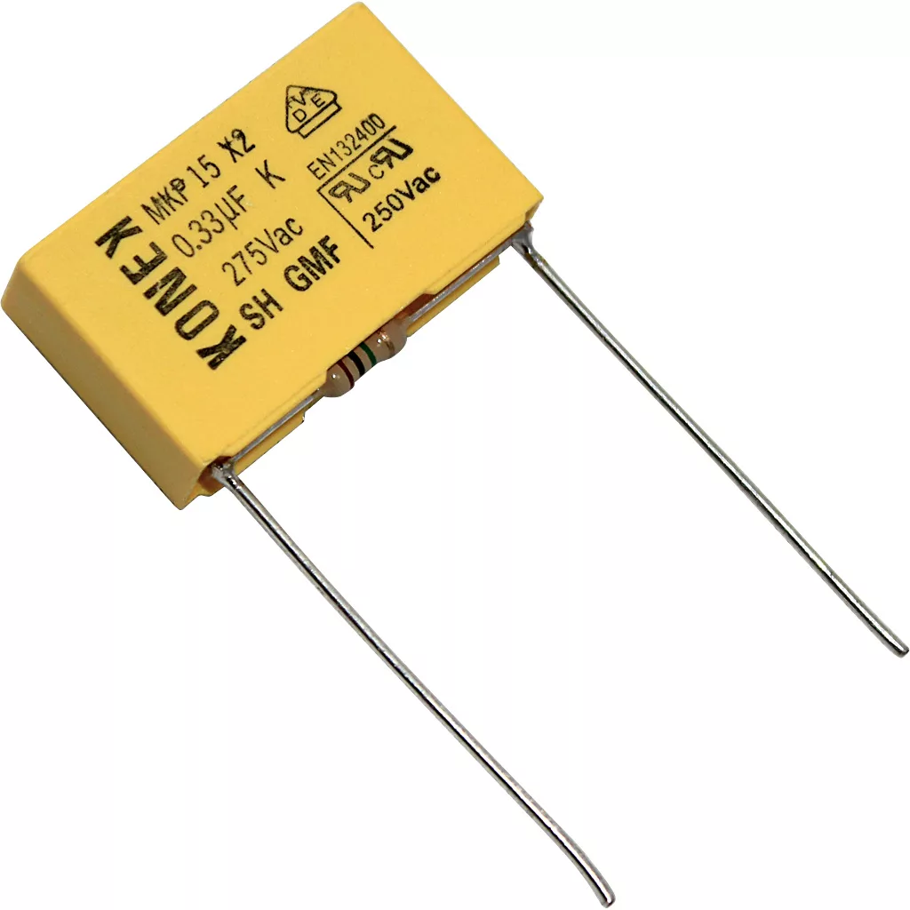 The Ascaso I..147 Condenser is a yellow rectangular film capacitor with two straight metal leads, labeled 0.33μF, 275V AC/250V AC, and features multiple certification markings. © 2025 1st-line.com