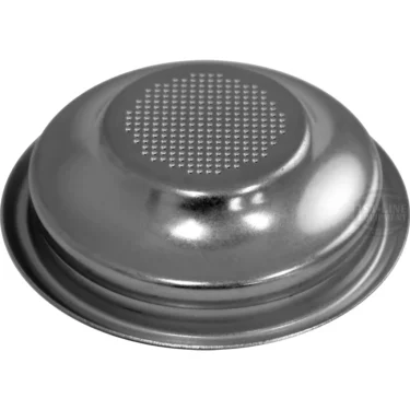The Ascaso I.1604 1-Cup Filter Basket/Cup - Steel 2012 version features a raised rim and a grid of small holes on top, making it ideal for use in espresso machines. © 2025 1st-line.com