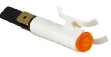 The Ascaso I..166 Warning Light for ARC and Elipse (boiler or thermoblock) is a white cylinder with a black metal tab and brass connector at one end, an orange rounded cap at the other, and two white plastic side prongs. © 2025 1st-line.com