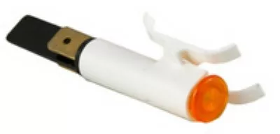 The Ascaso I..166 Warning Light for ARC and Elipse (boiler or thermoblock) is a white cylinder with a black metal tab and brass connector at one end, an orange rounded cap at the other, and two white plastic side prongs. © 2025 1st-line.com