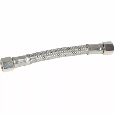 The Ascaso I.2263 Braided Hose features hexagonal metal fittings on both ends, making it ideal for plumbing or connecting pump to boiler water supply lines. © 2025 1st-line.com