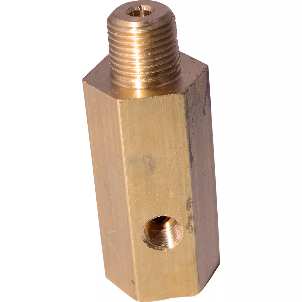 The Ascaso I.2285 Thermoblock Upper Water Circulation Fitting is a brass hex adapter with external threading on one end and a side threaded hole, ideal for connecting pipes or tubing in plumbing or Ascaso Thermoblock systems. © 2025 1st-line.com