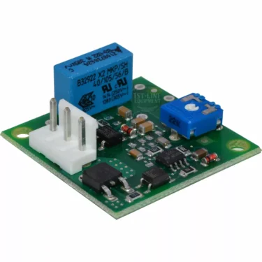 The Ascaso I.2351 Pulse Circuit Board is a green PCB featuring components such as a blue relay, blue adjustable potentiometer, white connector pins, resistors, and capacitors. © 2025 1st-line.com
