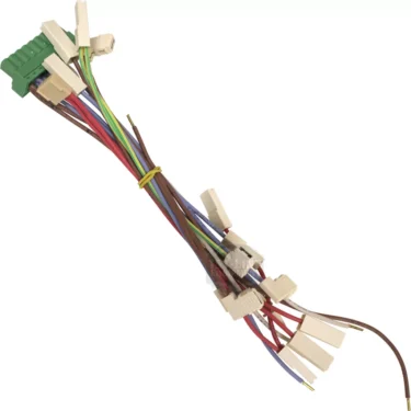 The Ascaso I.2441 Electronic Thermal Wiring bundle includes multicolored wires, several white plastic connectors, and a green connector at one end, all secured with a yellow twist tie—perfect for Ascaso models. © 2025 1st-line.com