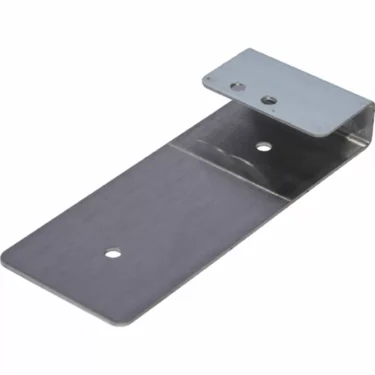 The Ascaso I.2442 Pump Support Plate is a flat metal bracket featuring two holes on the larger base and two smaller holes on the raised, bent end for secure screw attachment. © 2025 1st-line.com
