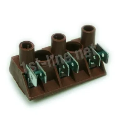 The Ascaso I..354 Terminal Strip for Ascaso Home Models is a brown three-way terminal block with three metal screw connectors for safe wire connections in electrical circuits, shown on a white background. © 2025 1st-line.com