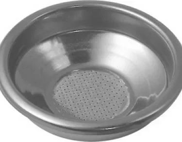 The Ascaso I..534 1-Cup Filter Basket - 58mm is a round, shallow stainless steel filter basket with center holes, commonly used in espresso machines for holding coffee grounds. © 2025 1st-line.com