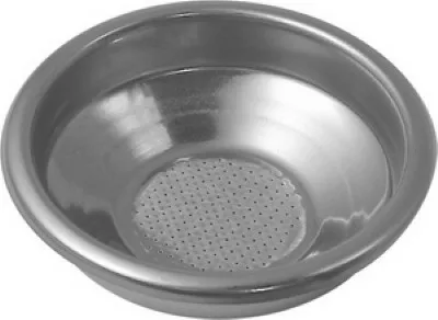 The Ascaso I..534 1-Cup Filter Basket - 58mm is a round, shallow stainless steel filter basket with center holes, commonly used in espresso machines for holding coffee grounds. © 2025 1st-line.com