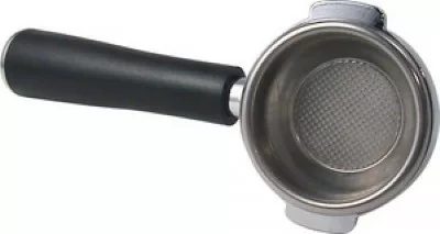 The Ascaso I..539 Professional 58mm Complete Filter Holder, featuring a black handle and metal basket, is shown from above holding coffee grounds. Compatible with Ascaso espresso machines. © 2025 1st-line.com