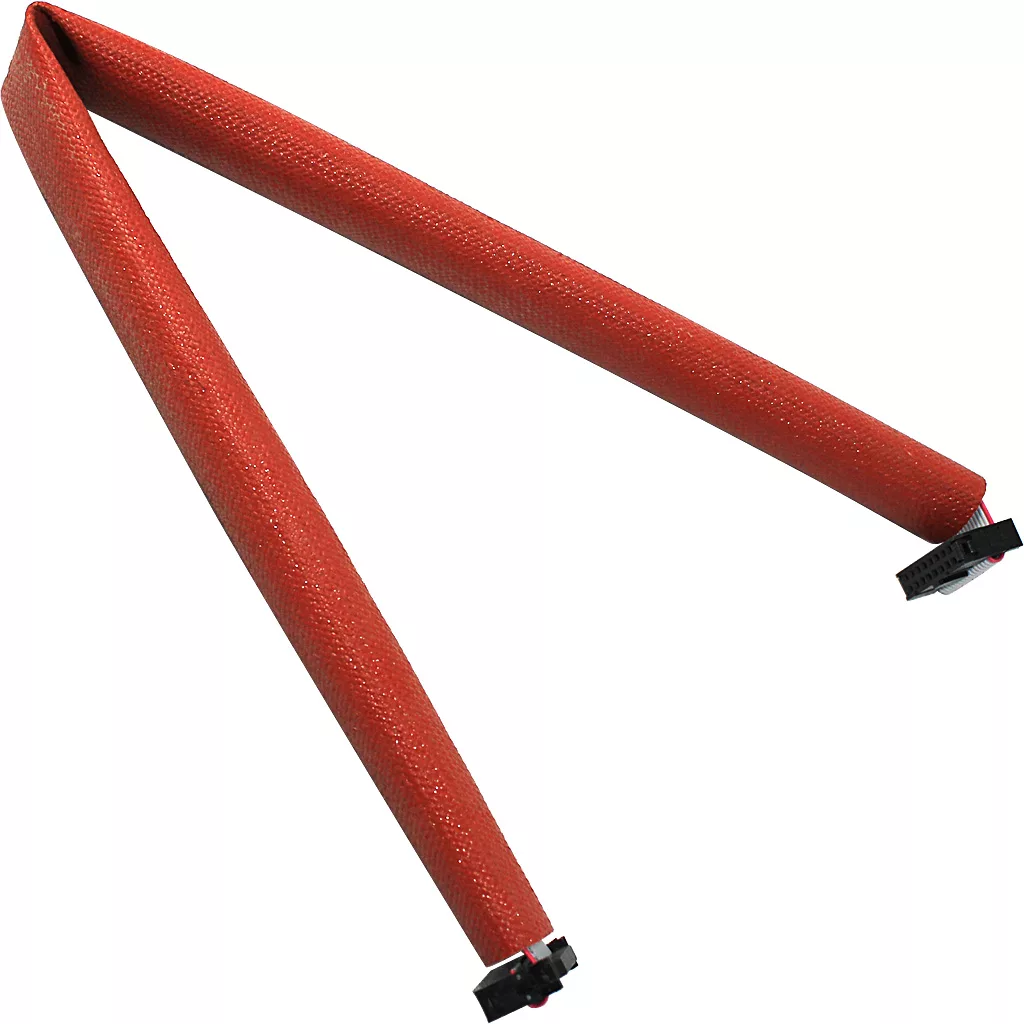 The Ascaso I..783 Dosing Device Wiring/Insulation Cover is a red, flexible flat ribbon cable with black connectors on both ends, shown against a white background. © 2025 1st-line.com