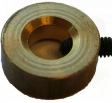 The Ascaso I...81 Holding Ring on Steam Wand Stem is a brass ring with a central hole and side set screw, shown angled on a white background—perfect for securing your steam wand. © 2025 1st-line.com