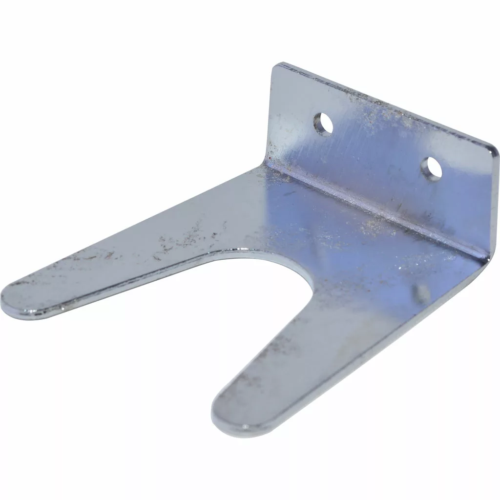 The Ascaso MI...5 Fork for Portafilter (I-1, I-2, I-Steel) is a metal wall bracket with two screw holes and a U-shaped slot for mounting or holding items. Its I-Steel surface may show slight tarnish or discoloration. © 2025 1st-line.com