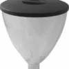 The Ascaso MI..75 Bean Hopper with Lid for I-1, I-1D, I-2, and I-2D is a clear, cone-shaped container with a black lid and small nozzle, designed for easy pouring or dispensing. © 2025 1st-line.com